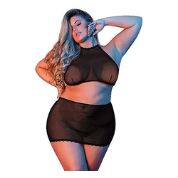 Polka Dot Mesh Halter & Skirt Set (Black)